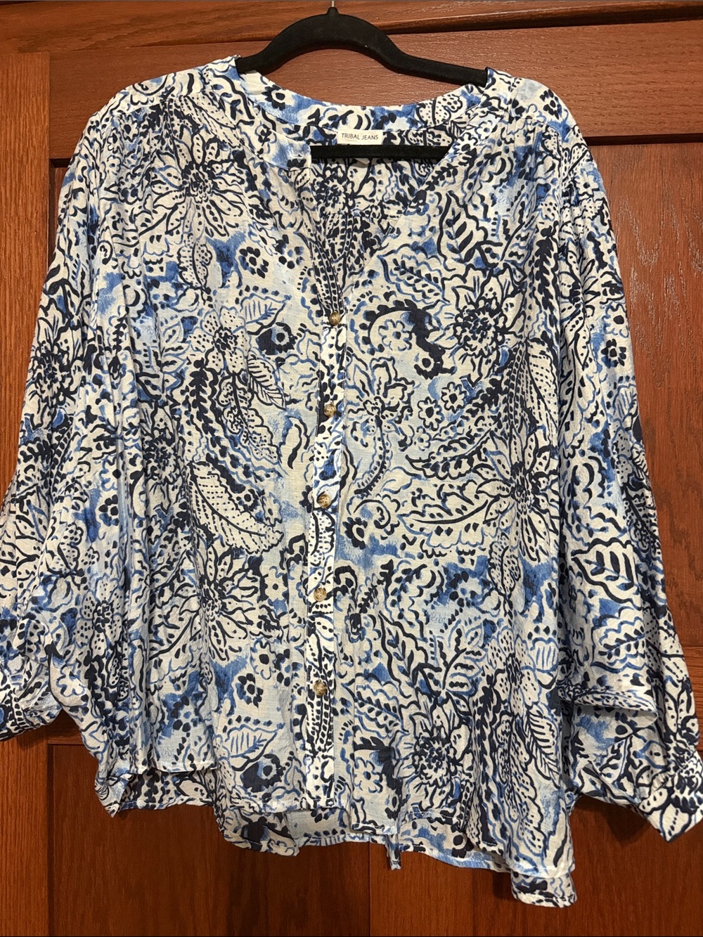 Tribal Blue and White Floral Button-Front Shirt